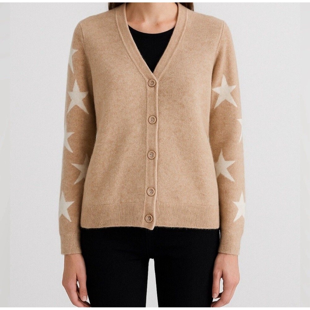 M Magaschoni 100% Cashmere Cardigan Sweater NWOT Tan Stars Size XS